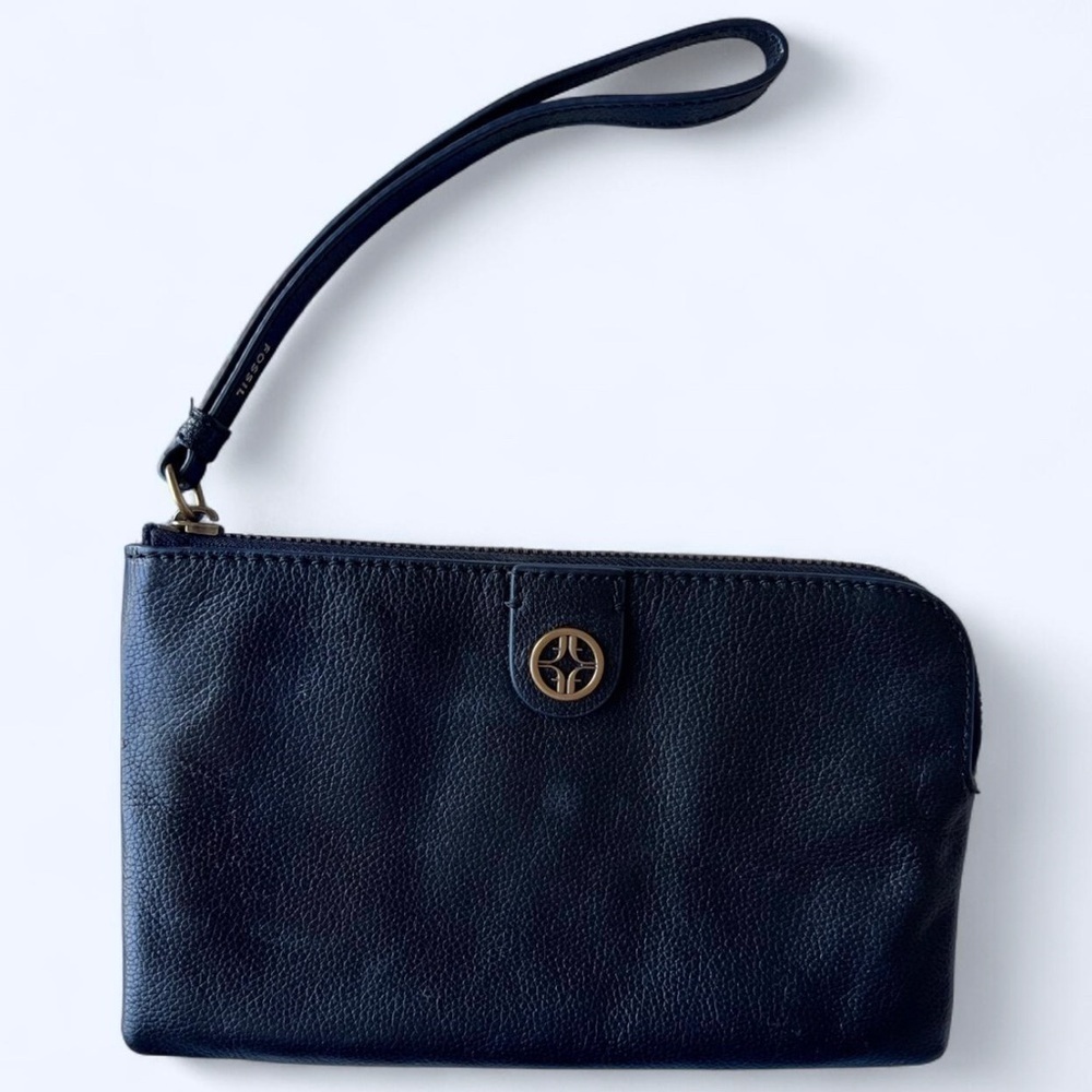 Fossil Black Womens Leather Wristlet with Gold Accent Wedding Guest Clutch Bag